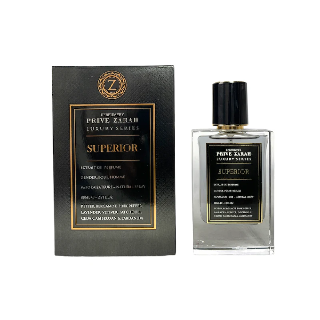 Prive Zarah Superior 80ml EDP with elegant black packaging and luxury design.