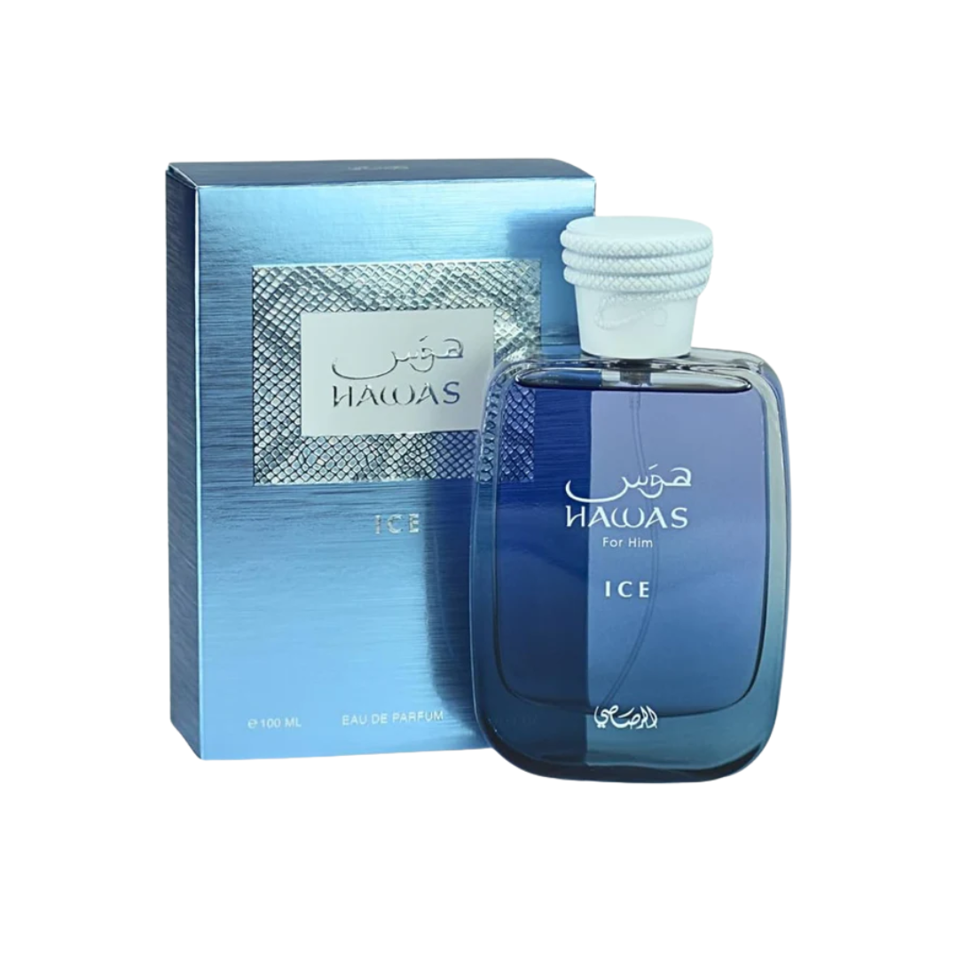Rasasi Hawas Ice 100ml bottle with citrus, plum, amber, and moss fragrance notes