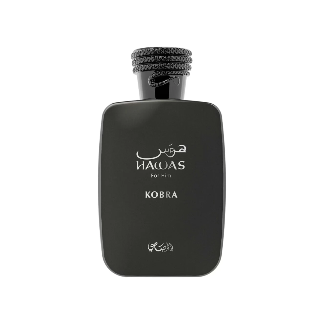 Rasasi Hawas Kobra 100ml bottle with ginger, musk, patchouli, and leather fragrance notes