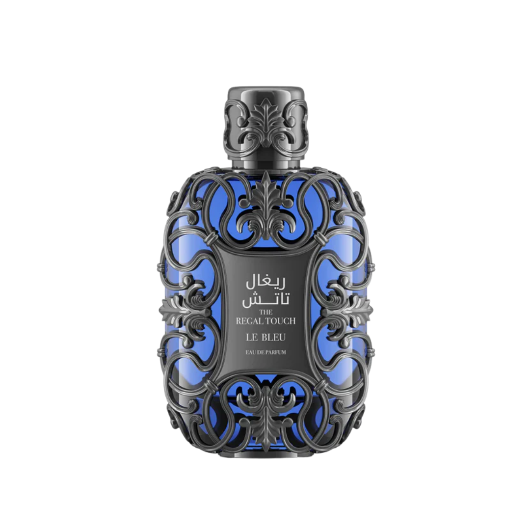 Regal Touch Le Bleu 100ml bottle with citrus, lavender, vanilla, and amber fragrance notes